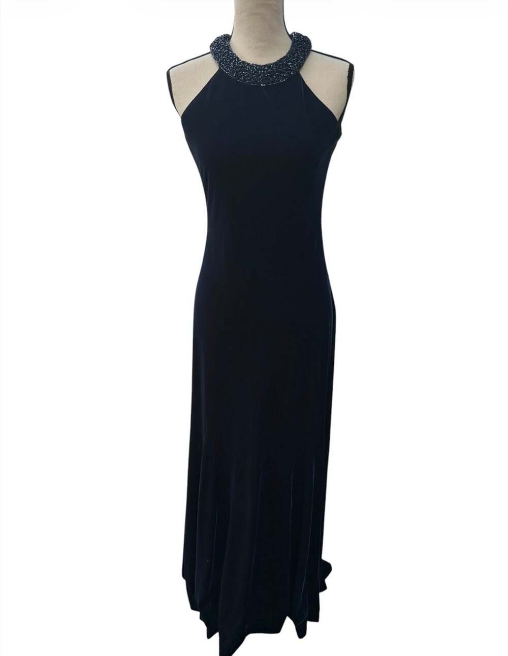 Alex Evenings Size 6 Navy Blue Velvet Beaded Halter Gown